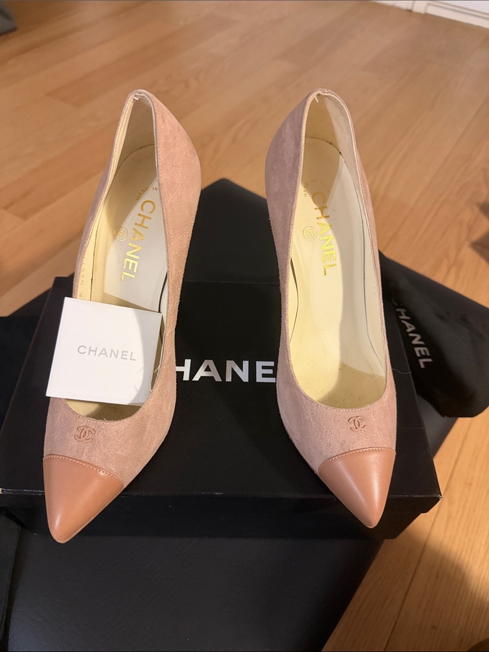 CHANEL Blush  Suede Pointed-Toe Pumps with Leather Cap